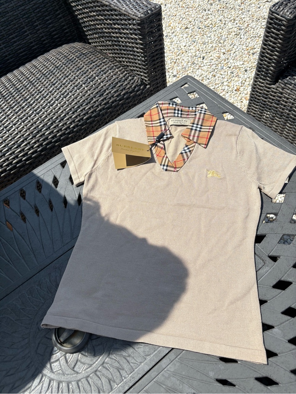 Beige Short Sleeve Sweater with Plaid Collar